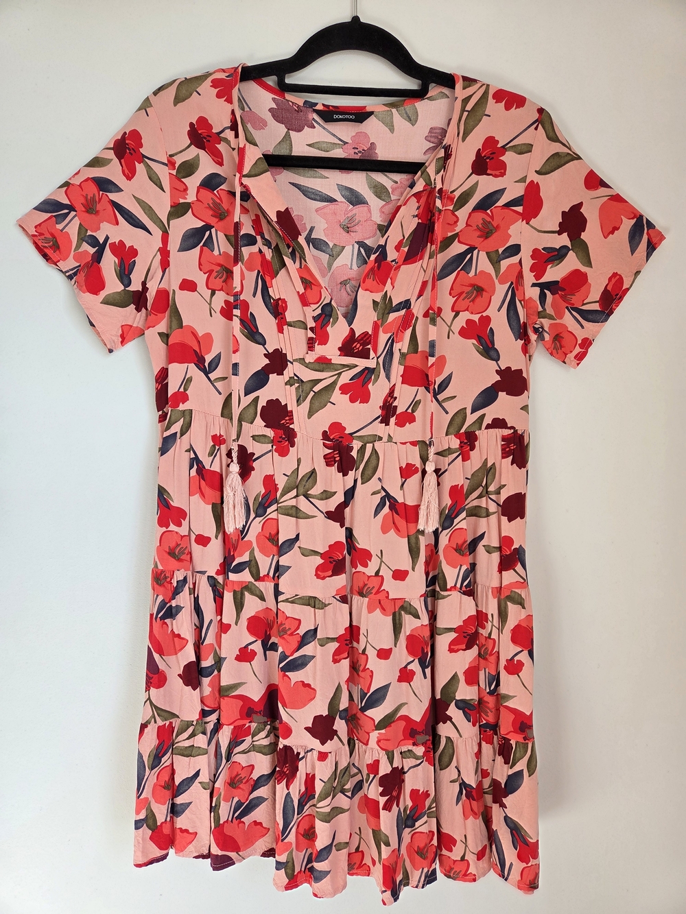 Dokotoo Pink Tropical Floral 100% Viscose Boho Tiered Babydoll Mini Dress Size S